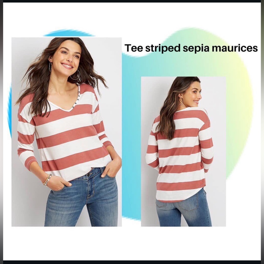 Maurices Rust & White Striped V‑Neck 3/4 Sleeve Top